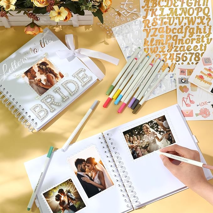 Fullhawl Letters To The Bride Scrapbook 8x8 Inch Bride Memory Book DIY Wedding Photo Album with Stickers and Markers for Wedding Engagement Bridal Shower Gifts Party Supplies, 40 Sheets
