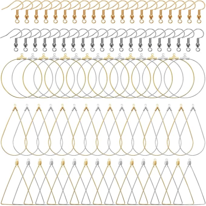 96pcs earrings beading hoop set for jewelry making,earring finding triangle teardrop round beading hoop earrings bulk with 200pcs earring hooks hoops wires for diy craft jewelry making