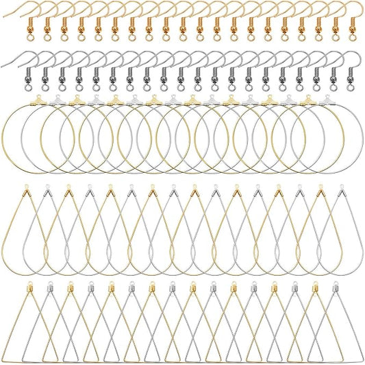 96pcs earrings beading hoop set for jewelry making,earring finding triangle teardrop round beading hoop earrings bulk with 200pcs earring hooks hoops wires for diy craft jewelry making