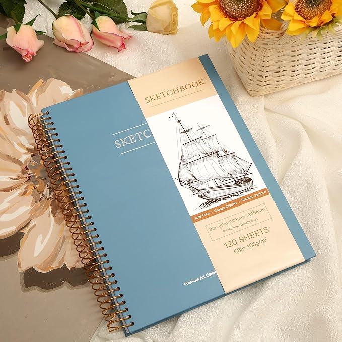 9 x 12 inches Hardcover Sketchbook for Drawing 120 Sheets Spiral Bound Sketch Pad Premium Art Sketchbook Artistic Drawing Painting Writing Paper(68lb/100gsm) for Kids Adults Beginners Artists, Blue