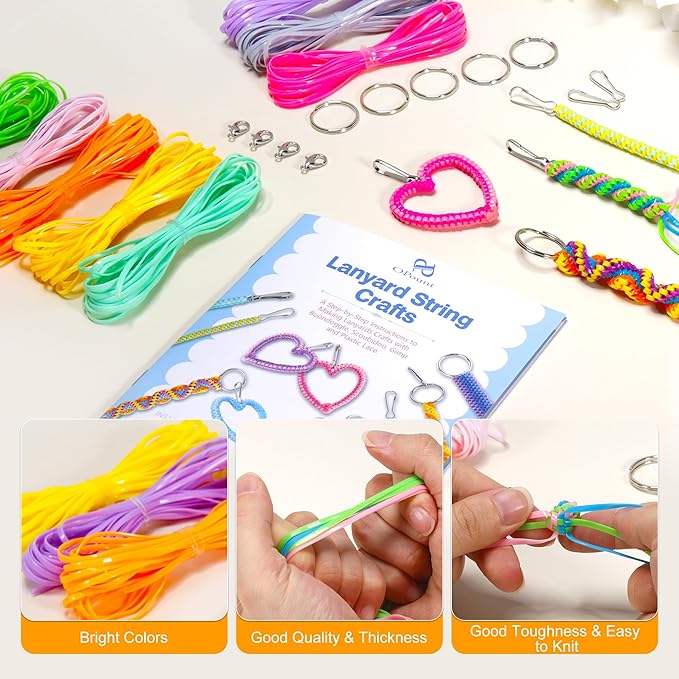 PP OPOUNT Lanyard String Kit for Friendship Bracelet & Keychain Making, 18 Solid-Color Gimp Kit with Tools & Guide, Plastic Boondoggle String for Adults & Family Activities, Fun Craft Set for Adults