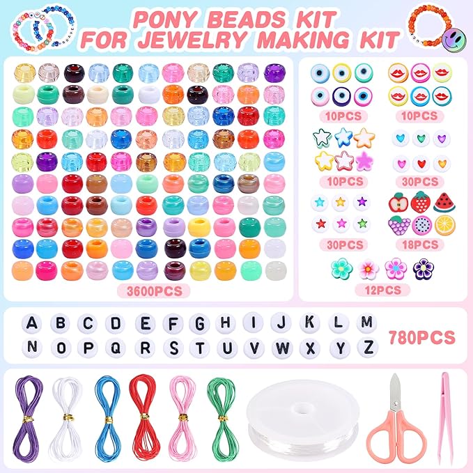 AMDBHC 4500 Pcs Pony Beads Bulk - 120 Colors Bracelet Making Kit with Alphabet Letter Beads & Charms, Friendship Bracelet Kit, Jewelry Making Supplies DIY Crafts (5 Boxes)