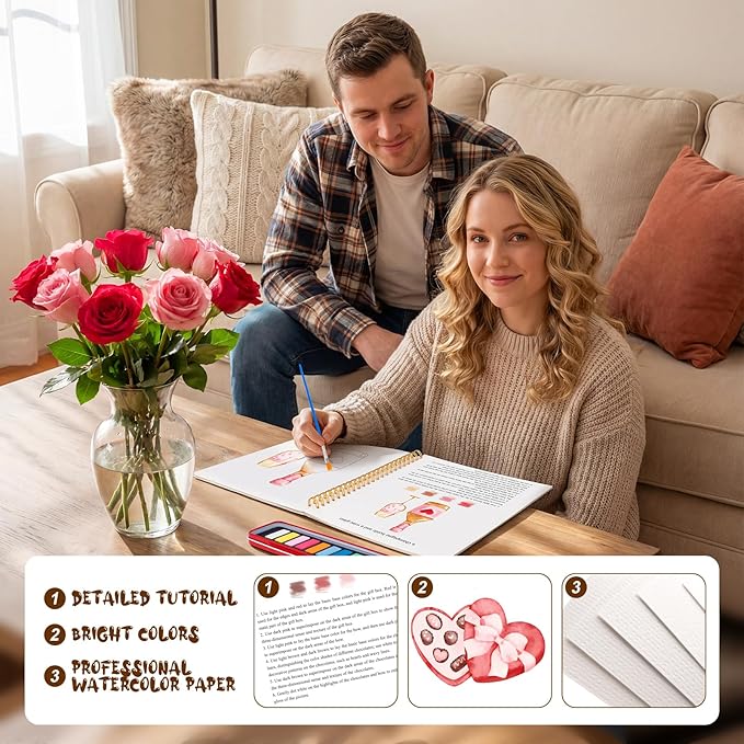 Valentine's Day Watercolor Workbook for Adults, Beginner Friendly Watercolor Painting Kit Pattern Water Coloring Book, Valentines Themed Practice Art Gift Water Color Paint Book with Palette Brush