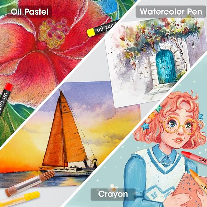 VigorFun Art Supplies, 240-Piece Drawing Art Kit, Gifts Art Set Case with Double Sided Trifold Easel, Includes Sketch Pads, Oil Pastels, Crayons, Colored Pencils, Watercolor Cakes, Stickers (Cyan)