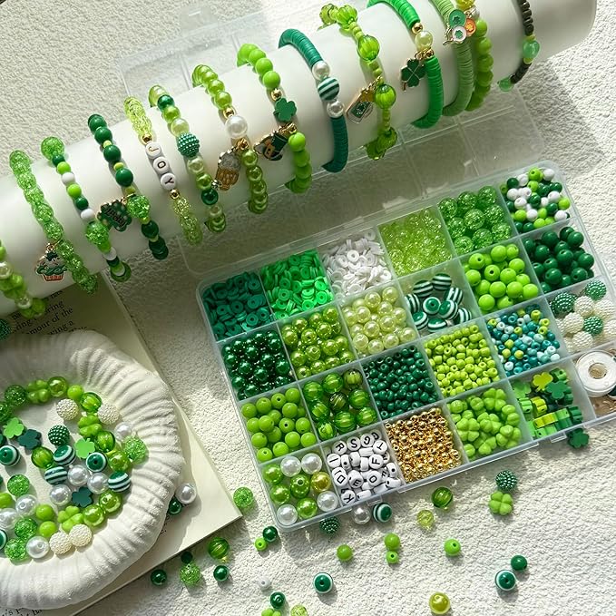 2290Pcs St. Patrick's Day Bracelet Making Kit, 24 Style Green Assorted Beads Shamrock Clover Acrylic Round Bead Charms Bracelet Kit for Jewelry Making Pearl Plastic Heishi Bead for Earrings DIY Craft