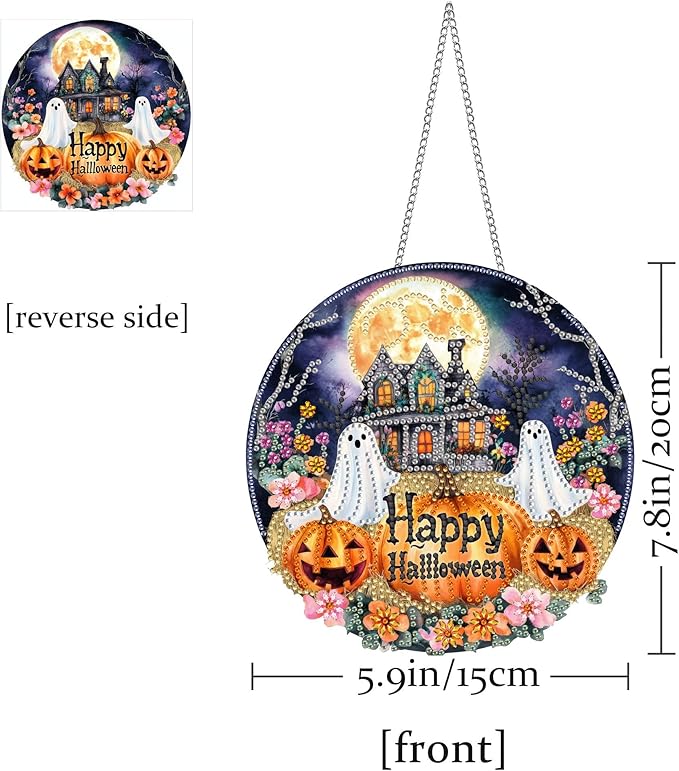 Pavemlo Hanging Diamond Art Kits for Adults Halloween Ghost – 8x8 Inch Double-Sided Acrylic Board DIY Crystal Diamond Suncatcher Pendant, Sparkling Home Wall or Window Decoration Handmade Gifts