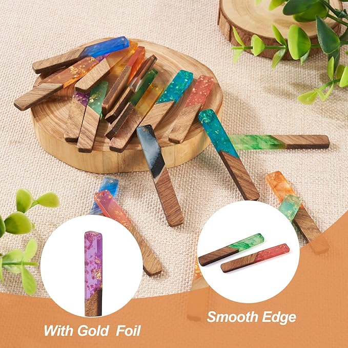 Beadthoven 20pcs/10 Pairs Rectangle Bar Charms DIY Bohemian Earrings Transparent Resin Wood Pendants Gold Foil Watercolor Natural Wooden Pieces Tag Pendants for Fashion Jewelry Making Necklace