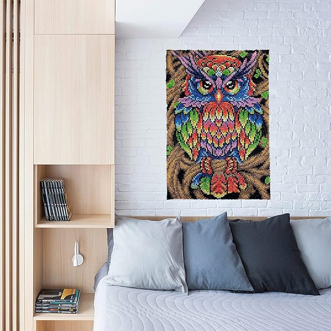 Latch Hook Rug Kits for Adults, Colorful Owl with Preprinted Canvas Pattern DIY Carpet Tapestry Rug Cushion Yarn Needlepoint, 22.5X33.5Inch / 58X85cm
