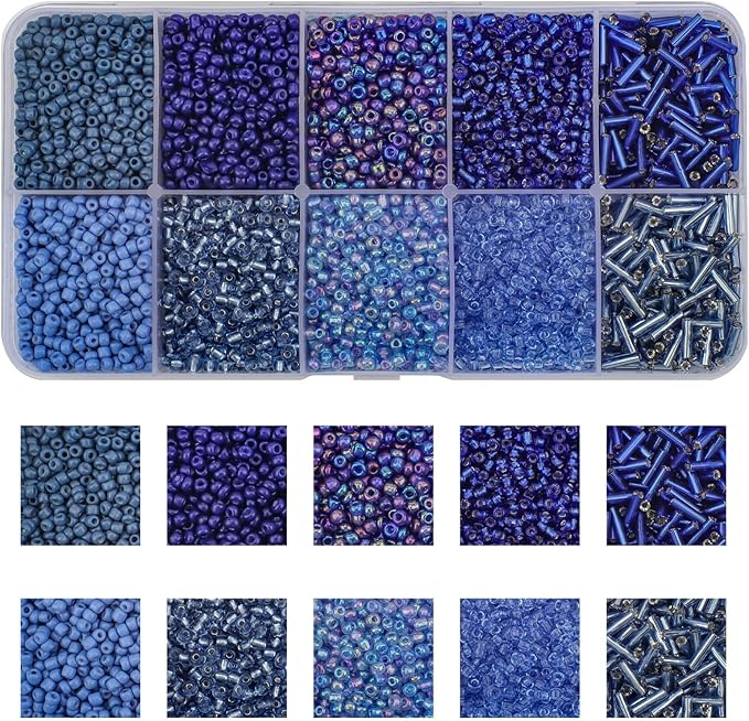 Approx 5000pcs 12/0 Glass Seed Beads for Jewelry Making, 2mm Mix 10 Colors Tube Bead Glass Bugle Bead Waist Beads Kit for Bracelets Necklaces Earrings DIY Supplies (Dark Blue)
