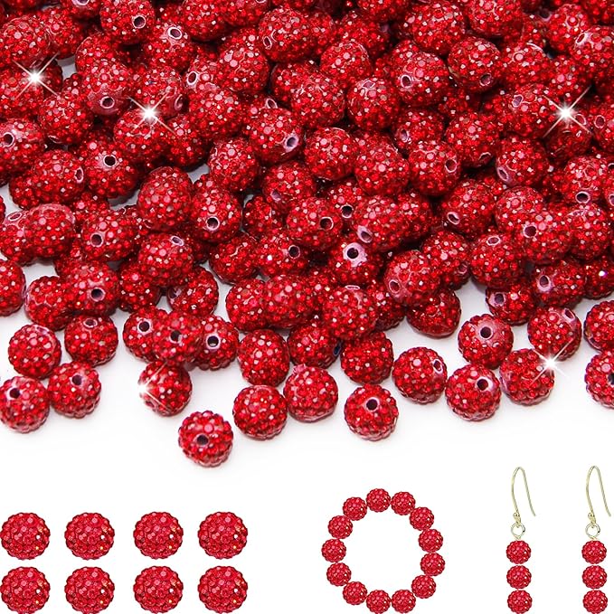 150 Pcs 10mm Rhinestone Beads for Jewelry Making, Red Shiny Round Shamballa Disco Baseball Necklace Beads Sparkle Crystal Clay Pave Rhinestones Bead for DIY Bracelet Earring Craft Making Supplies
