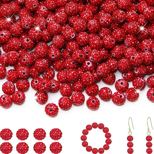 200 Pcs 10mm Rhinestone Beads for Jewelry Making, Red Shiny Round Shamballa Disco Baseball Necklace Beads Sparkle Crystal Clay Pave Rhinestones Bead for DIY Bracelet Earring Craft Making Supplies