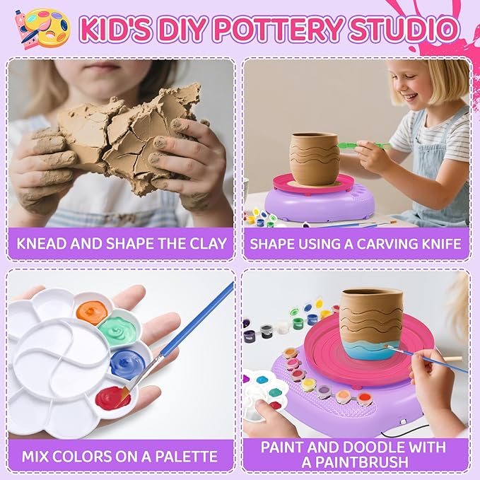 Pottery Wheel for Kids, Arts & Crafts Pottery Painting Toys Kit for Kids Ages 8-12, Art Supplies with 3 Pack Air Dry Clay and Clay Tools, Birthday Easter Gift for Girls Boys 6 7 8 9 10 11 12