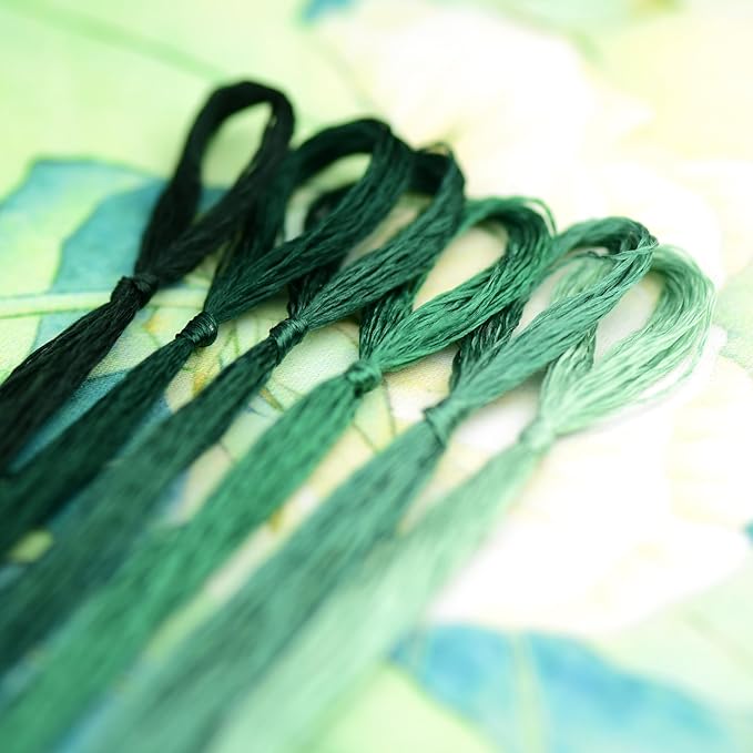 Natural Silk Thread – 6 Green Colors, 110m Each, Handmade Silk Embroidery Floss for Hand Embroidery, Cross-Stitch, Needlework Projects
