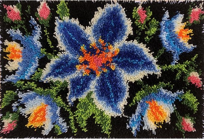 KitsMaster Blue Flower Latch Hook Rug Kit for Adults, Beginner-Friendly Rug Making Craft Set with Pre-Printed Canvas and Color-Coded Yarn, 23.6''x15.8'' (Midnight Bloom)