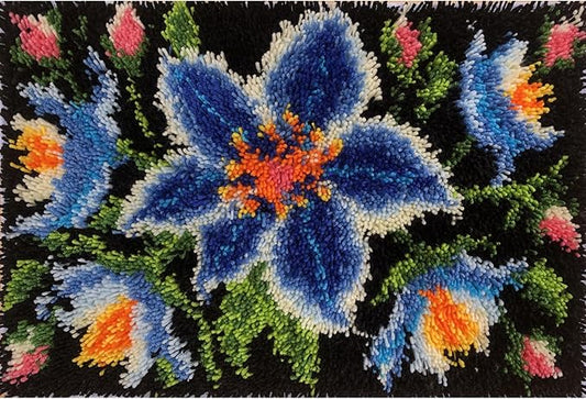 KitsMaster Blue Flower Latch Hook Rug Kit for Adults, Beginner-Friendly Rug Making Craft Set with Pre-Printed Canvas and Color-Coded Yarn, 23.6''x15.8'' (Midnight Bloom)
