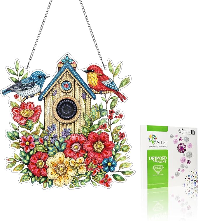 VAIIEYO Bird Diamond Art Hanging Ornament, Birdhouse Animal Diamond Painting Suncatchers Window Hanging Kit with Chain, 7.5x7.5 inch Crystal Pendant Art Craft for Gift Home Wall Front Door Decoration