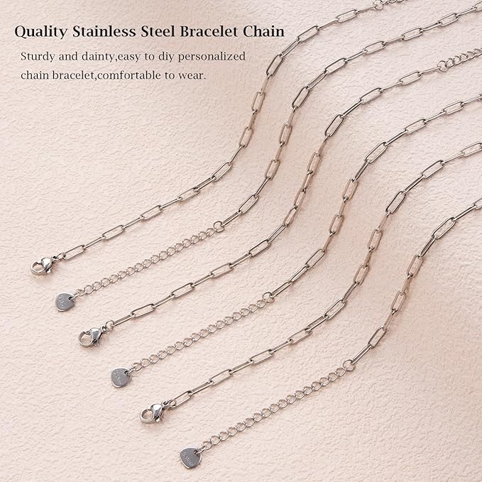 KYUNHOO 10pcs Silver Chain Bracelets Kit Stainless Steel Jewelry Link with Lobster Clasps 6.3 inches Paperclip Chain with Extender for Women Men DIY Bracelet Making Supply Findings
