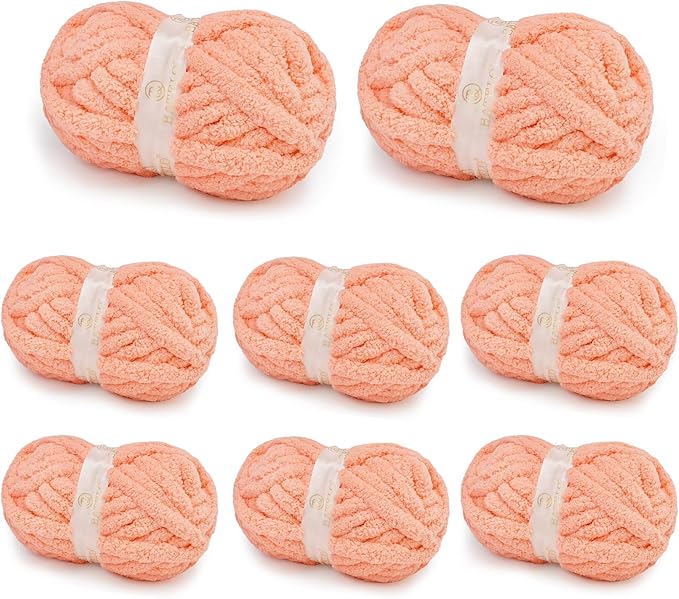Chunky Yarn for Hand Knitting, Chunky Chenille Blanket Yarn for Crocheting, Bulky Soft Fluffy Chenille for Blanket Project, 8 Pack of 8oz/25yds, Salmon