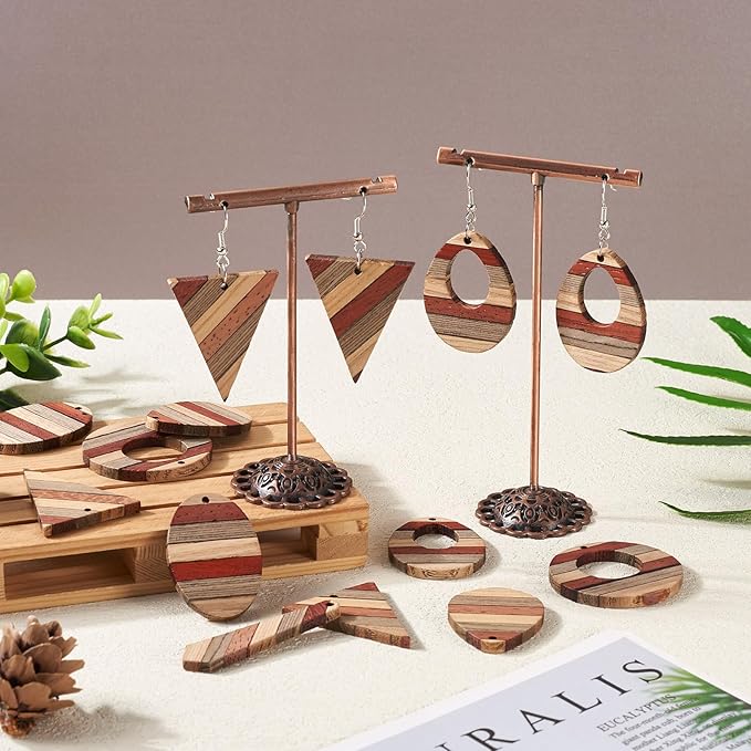 Beadthoven 12pcs/6 Pairs Natural Wood Charms DIY Earrings Pendants Colorful Striped Dark Red Rustic Wooden Pendants Mix Wood Pieces for DIY Jewelry Making Bohemian Earrings Necklace Accessories