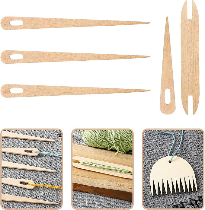 WILLBOND 7 Pieces Wood Hand Loom Stick Set Include 5 Pieces Wood Weaving Crochet Needle with Shuttles Weaving Stick and Weaving Comb for Knitted Crafts DIY