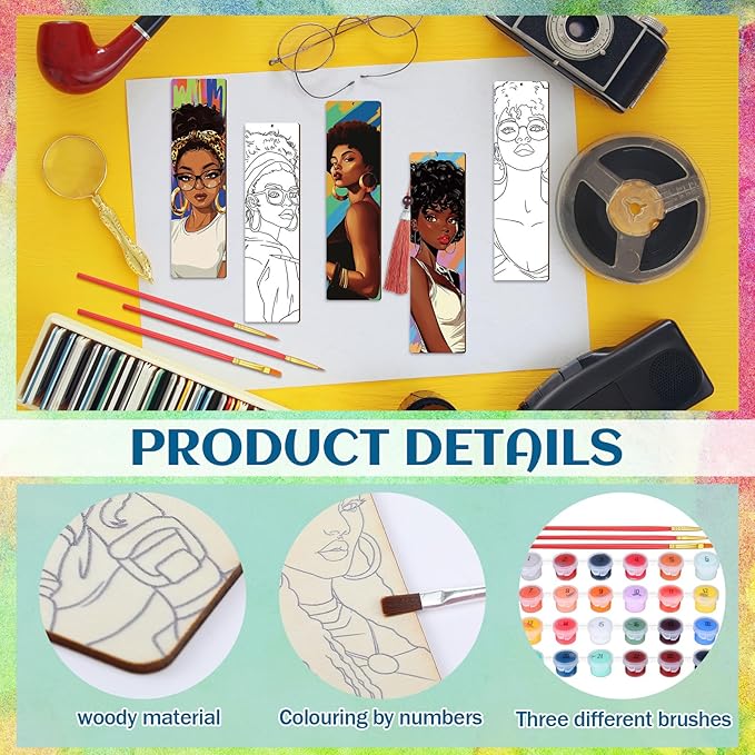 Kosiz 12 Pcs Black Women Theme Paint by Numbers Kit for Adults Wood Bookmark Painting Decor Mini Paint by Numbers Kit Tassels Blank Bookmarks Craft for Small DIY Book Lovers Gift 7x2 ''