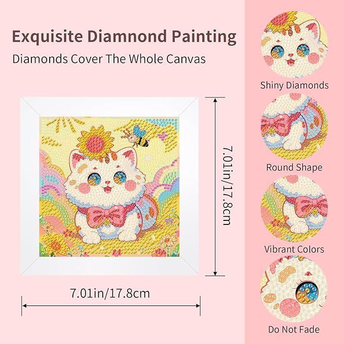 FlyingMage 5D Diamond Art Painting Kits with Wooden Frame, Cute DIY Diamond Art Mosaic Kits for Adults Women Teen, Kawaii Diamond Crafts Arts Full Drill Diamond Dots (Yellow Sunflower Cat)