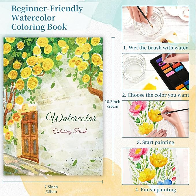 Elfew Flower & Landscape Watercolor Workbook, Watercolor Coloring Books for Adults & Beginners, 20 Pattern with 160gsm No-Bleed Cold-Pressed Paper（No Paints Included）