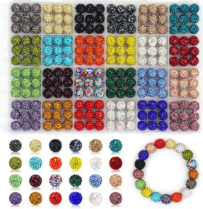 216 Pcs 10mm Clay Rhinestone Beads, Glitter Sparkle Baseball Beads, Shiny Disco Ball Design Beads for Jewelry Making, Craft Supplies for Adult Bracelets Necklaces Earrings Decoration (Kit 2)