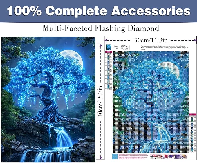 ijbnhd Tree of Life Diamond Art Kits for Adults, Tree of Life Diamond Painting Kits for Beginners, Round Full Drill Blue Scene Gem Art Crafts for Home Decor 12x16 inch