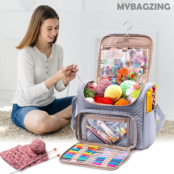 Crochet Bag Organizer, Quilted Storage Bag with Hanging Hook, Yarn Holder for Knitting & Crochet Accessories, Mother's Day Gift