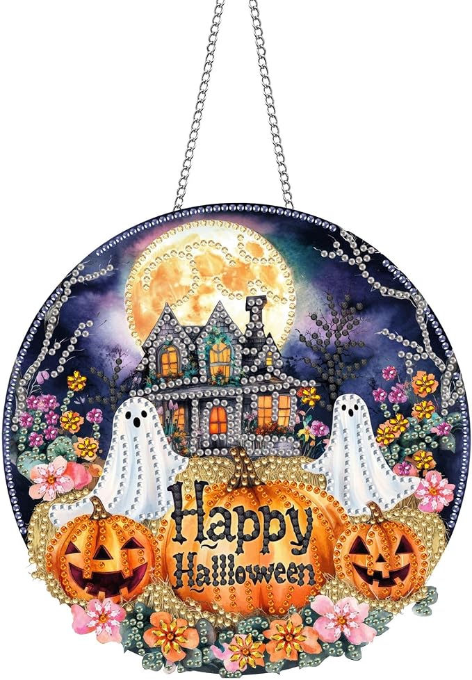 Pavemlo Hanging Diamond Art Kits for Adults Halloween Ghost – 8x8 Inch Double-Sided Acrylic Board DIY Crystal Diamond Suncatcher Pendant, Sparkling Home Wall or Window Decoration Handmade Gifts