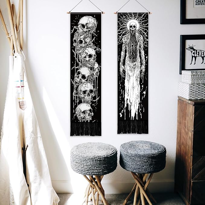 PLIGREAT 2 Pack Skeleton Tapestry with Tassels, 52" x 13" Black and White Aesthetic Wall Hanging Goth Style Vertical Home Art Tapestry for Bedroom Living Room Long Narrow Wall Hanging Art Decor