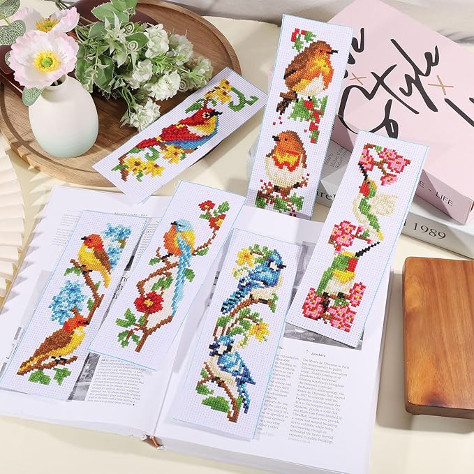 ORIGACH 6 Set Birds Cross Stitch Bookmark Kit for Beginner with Backing Felt Floss Instructions DIY Stamped Embroidery Bookmark Kit for Adults, Book Lovers