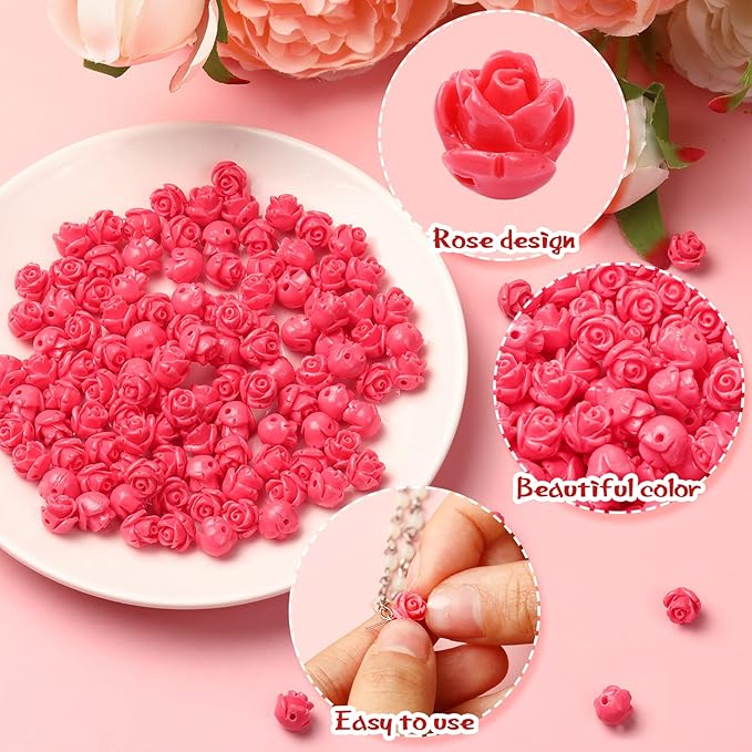 Sureio 140 Pcs Rosary Making Supplies Carved Rose Beads Flower Beads Kit Cross Centerpiece Crucifix Medal, Silver Jesus Maria Pendant for Bracelet Necklace(Pink)