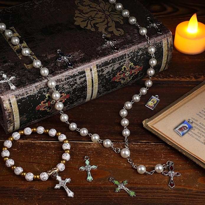 Rosary Making Kits Supplies Cross and Center Medal Charm Alloy Picture Religious Charms Crucifix Pendant for DIY Jewelry Making Prayer Bracelet Necklace Earring