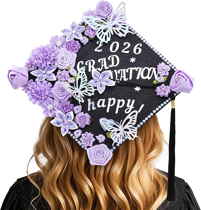 VISSTREE Graduation Cap Decorations Kit, 56 Pcs 2026 DIY Cap Decoration with Purple Artificial Flower Rhinestones Letter Stickers 3D Glitter Butterfly for Graduation Dress Grad Hats Topper