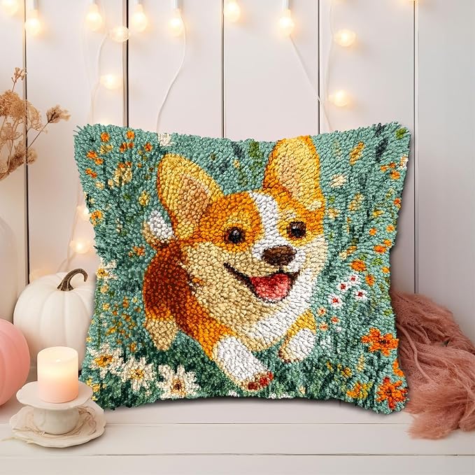 DIY Latch Hook Pillow Kits for Adults Welsh Corgi Dog Running in Flowers Printed Pillowcase Crochet Yarns Hooking Handmade Pillow Cover Cushion for Home Sofa Decoration 17x17inch-3