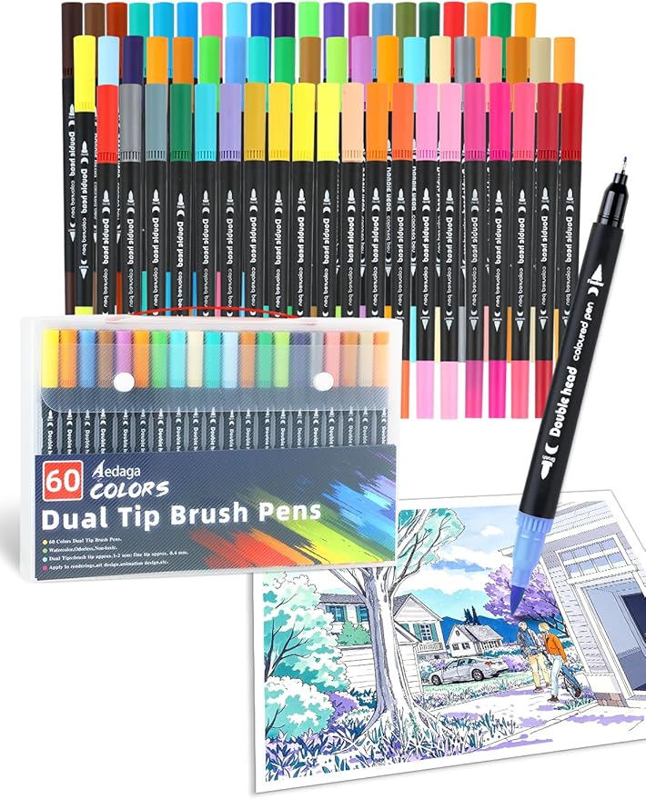 60 Colors Dual Tip Brush Pens, Fine Felt Tip and Brush Tips Colored Pens for Adults, Coloring Markers for Coloring Book Bullet Journaling Note Taking Hand Lettering