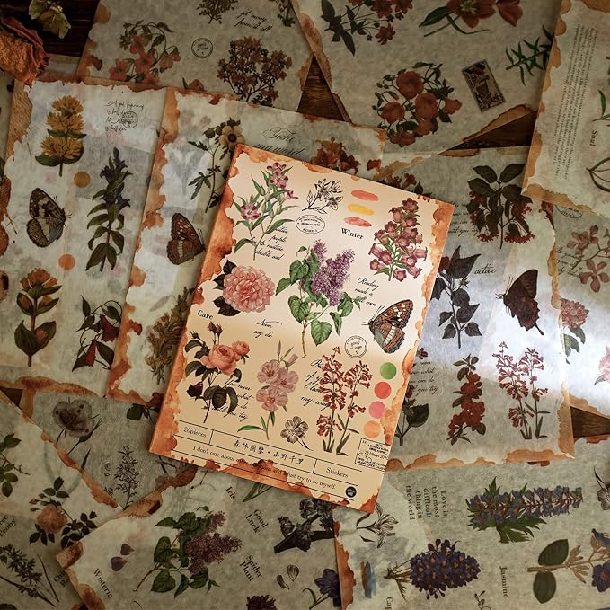 Dizdkizd Flower Sticker Book for Journaling, 20 Sheets (150 Pieces) Translucent Washi Stickers for Scrapbooking, Junk Journals, Planners