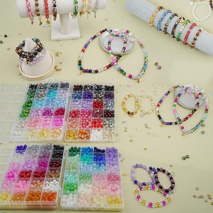 Hanyoung 8mm Glass Beads for Bracelet Making kit, 96 Colors 2900 pcs Crackle and Solid Beads Jewelry Making, Crystal Glass Round Beads for DIY Crafts Gifts (Solid & Crackle Color)