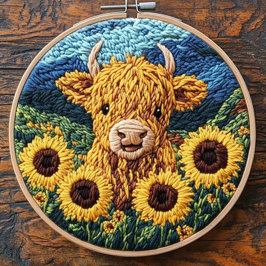 DIY Punch Needle Kits Cute Highland Cow in Sunflowers Easy for Beginners Punch Needle Embroidery Set for Craft Lovers with Printed Pattern and Hoop for Home Decor 20x20cm-11