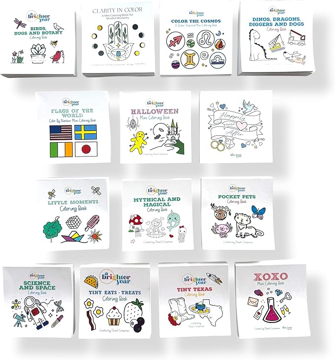 A Brighter Year The Original Adult Mini Coloring Book - 14 Piece Variety Pack - 3” x 3” Pocket Size, 50 Pages, Lay Flat Binding, Thick Paper, No Bleeding - Stress/Anxiety Relief - Relaxation, Gift