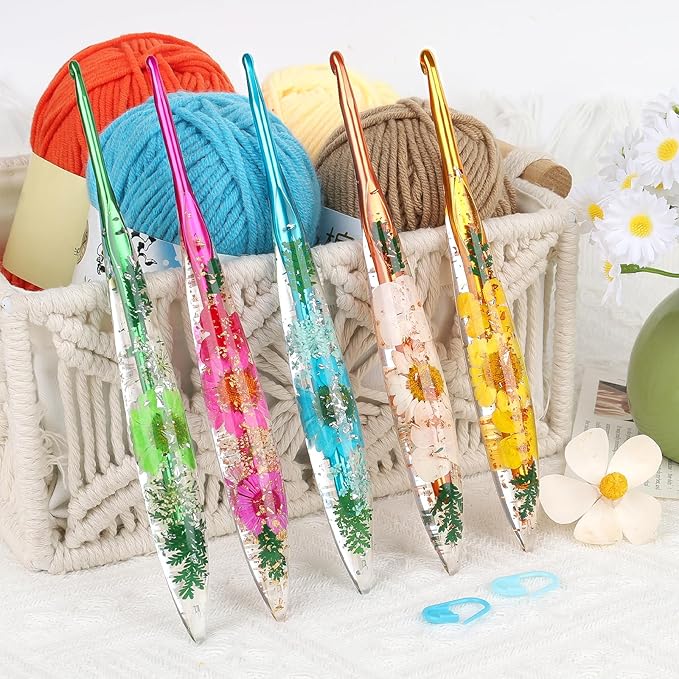 Coopay Crochet Hook Set, 5 PCS Crochet Hooks with Case (4mm, 4.5mm, 5mm, 5.5mm, 6mm), Floral Resin Grips - Beautiful & Ergonomic, Great for Crocheting Blankets, Dolls, Shawls, Hats, Scarves (G-J)