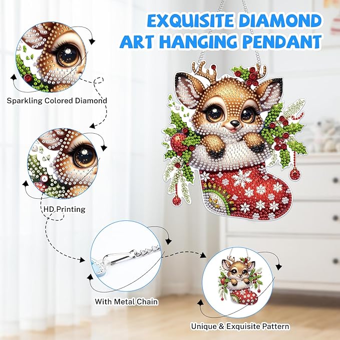 Bowetile Christmas Diamond Art Hanging Kits for Adults, 5D Special Shape Diamond Painting Kits Deer, Crystal Gem Painting Arts and Crafts for Christmas Gifts for Home Garden Decor