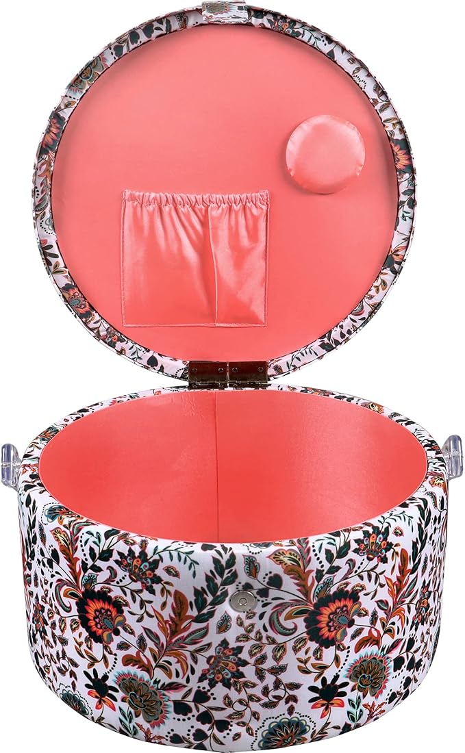 SINGER Premium Round Large Sewing Basket with Matching Zipper Pouch | 30% More Storage Volume (Floral Paisley Print)