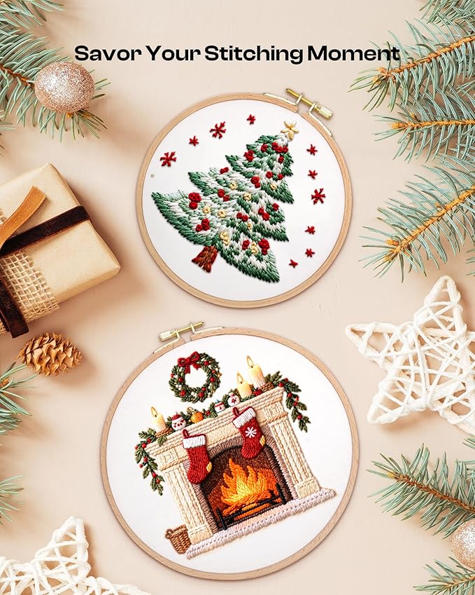 Caydo Luxury Embroidery Kit for Christmas Gift, Beginner Embroidery Kit for Adults with Exquisite Box, Embroidery Hoop, Embroidery Thread and Full Set Embroidery Tools