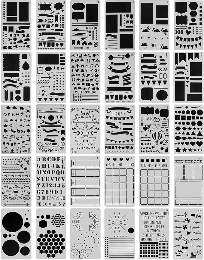 30 PCS Journal Stencils, Planner Stencils for Junk Journal Notebook Diary Scrapbook DIY Drawing Template Journal Stencil 4x7 Inch