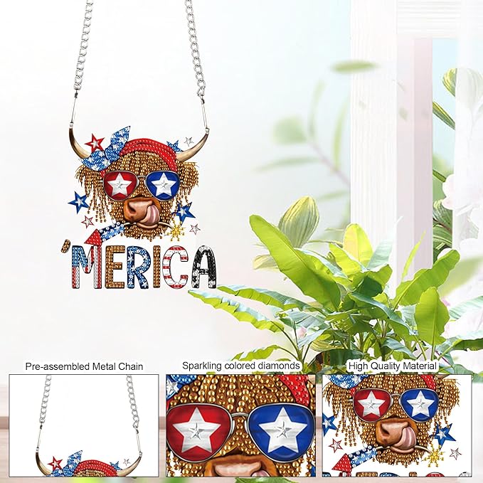 AiYuanzsh Independence Day Diamond Art Painting Hanging Pendant Kit Special Shaped Diamond Dots Art Acrylic Ornaments Merica Cow 4th of July Diamond Art Pendant for Adult Home Wall Window Decor Gift