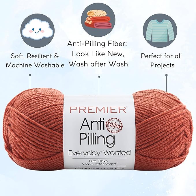 Premier Yarns Everyday Anti-Pilling Solid Clay DN100-74 (3-Skeins - Same Dye Lot) #4 Worsted Weight Acrylic Yarn for Crocheting and Knitting with Project Bag