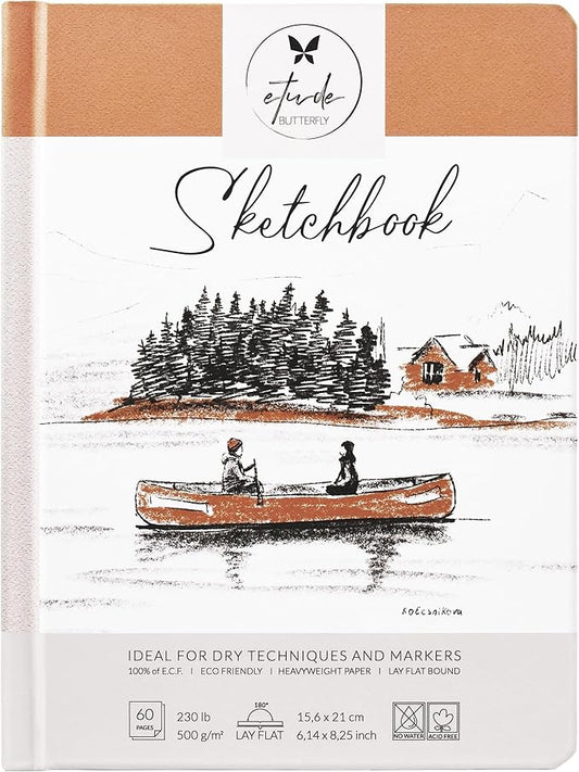 Sketch Book Hardcover 60 Pages Thick 500 GSM / 230 lb Acid Free Paper Lay Flat Bound for Drawing and Sketching 6,14” x 8,25” for Kids and Adults Beginners and Professionals Eco Friendly